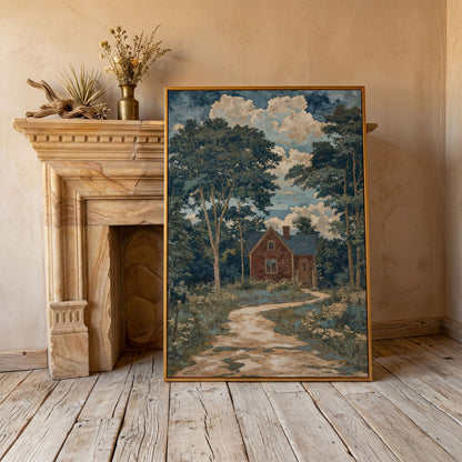 Red Brick Country House Canvas Print in antique gold floating frame