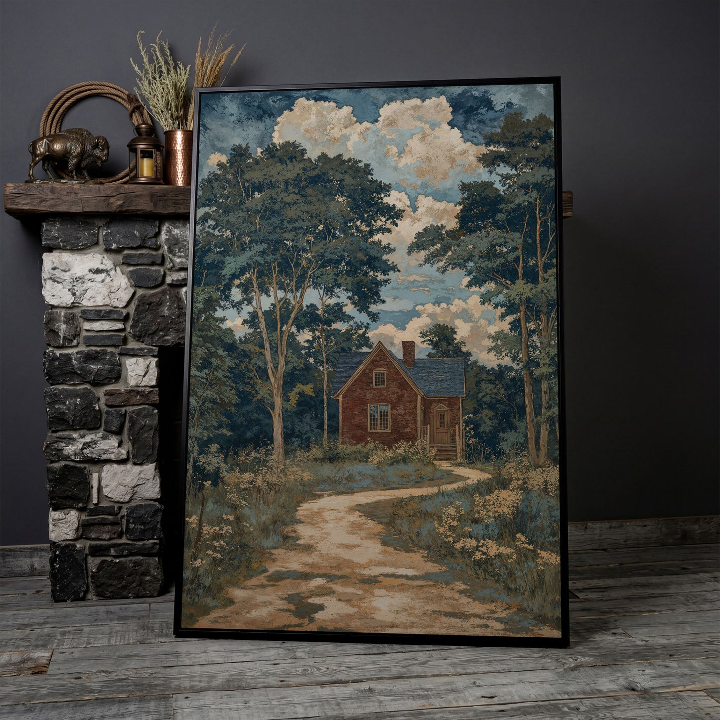 Red Brick Country House Canvas Print in black floating frame