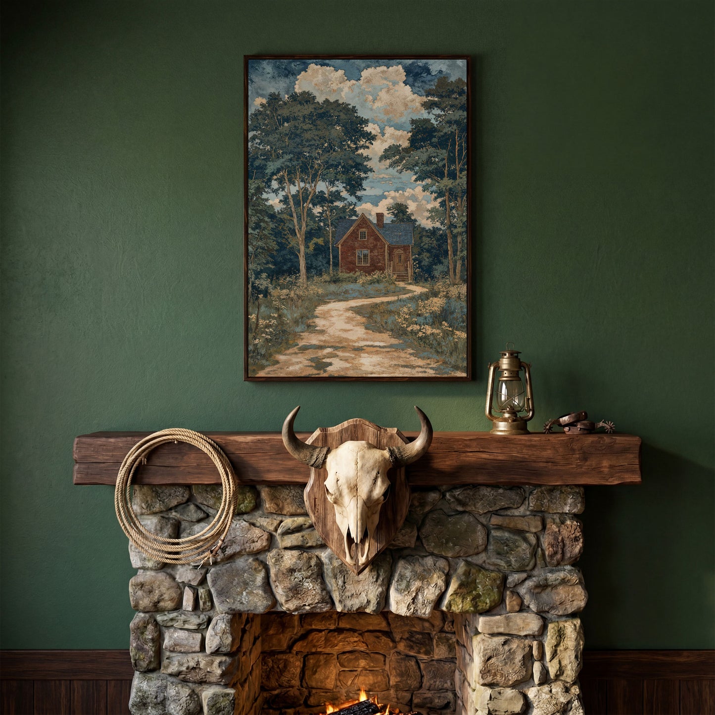 Red Brick Country House Canvas Print in dark walnut floating frame