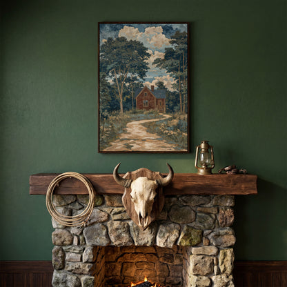 Red Brick Country House Canvas Print in dark walnut floating frame