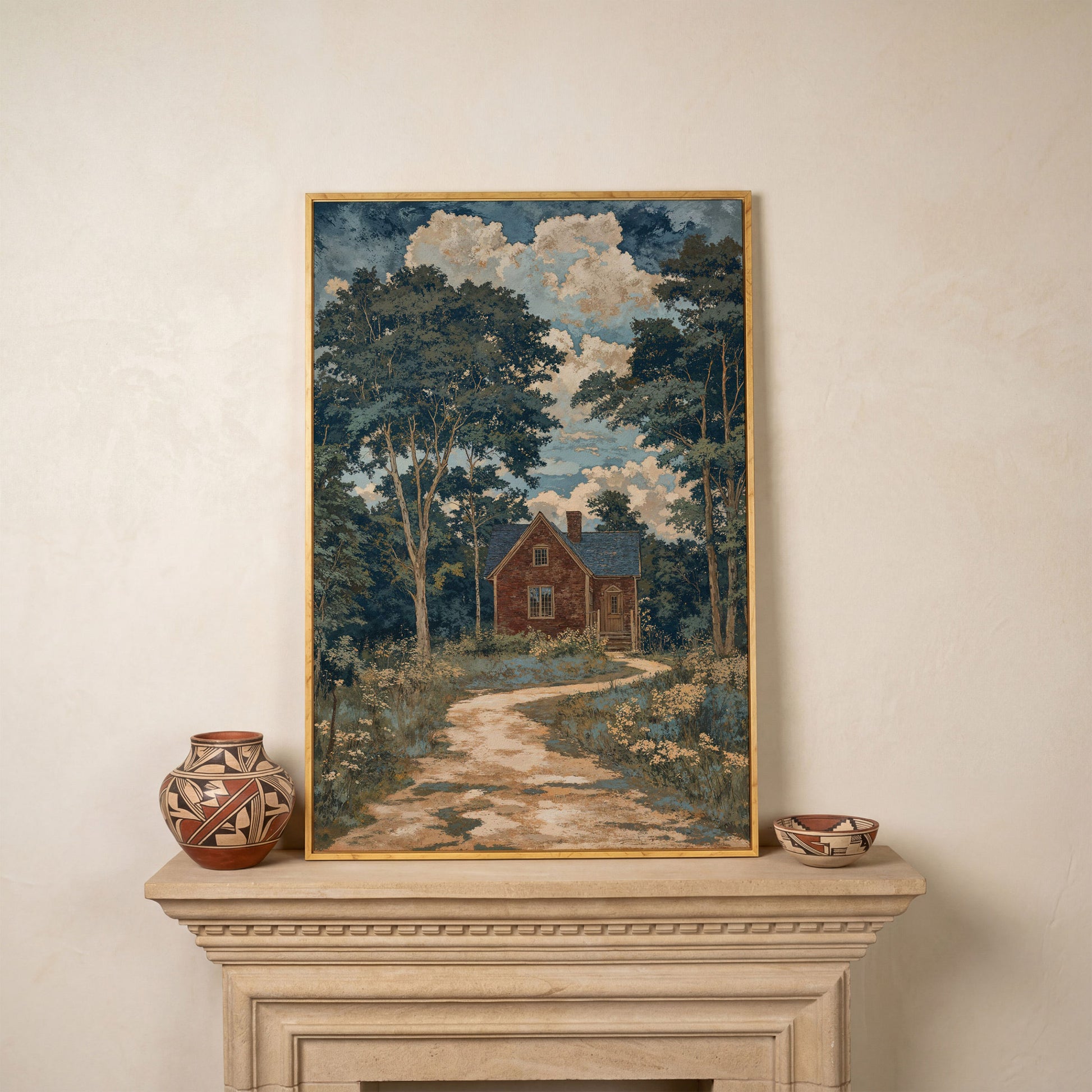 Red Brick Country House Canvas Print in white oak floating frame