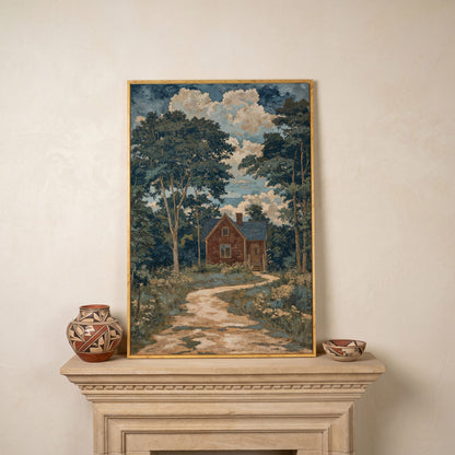 Red Brick Country House Canvas Print in white oak floating frame