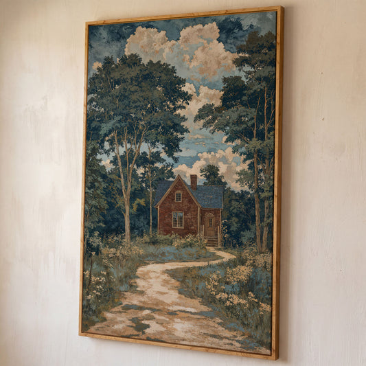 Red Brick Country House Canvas Print shown in white oak floating frame