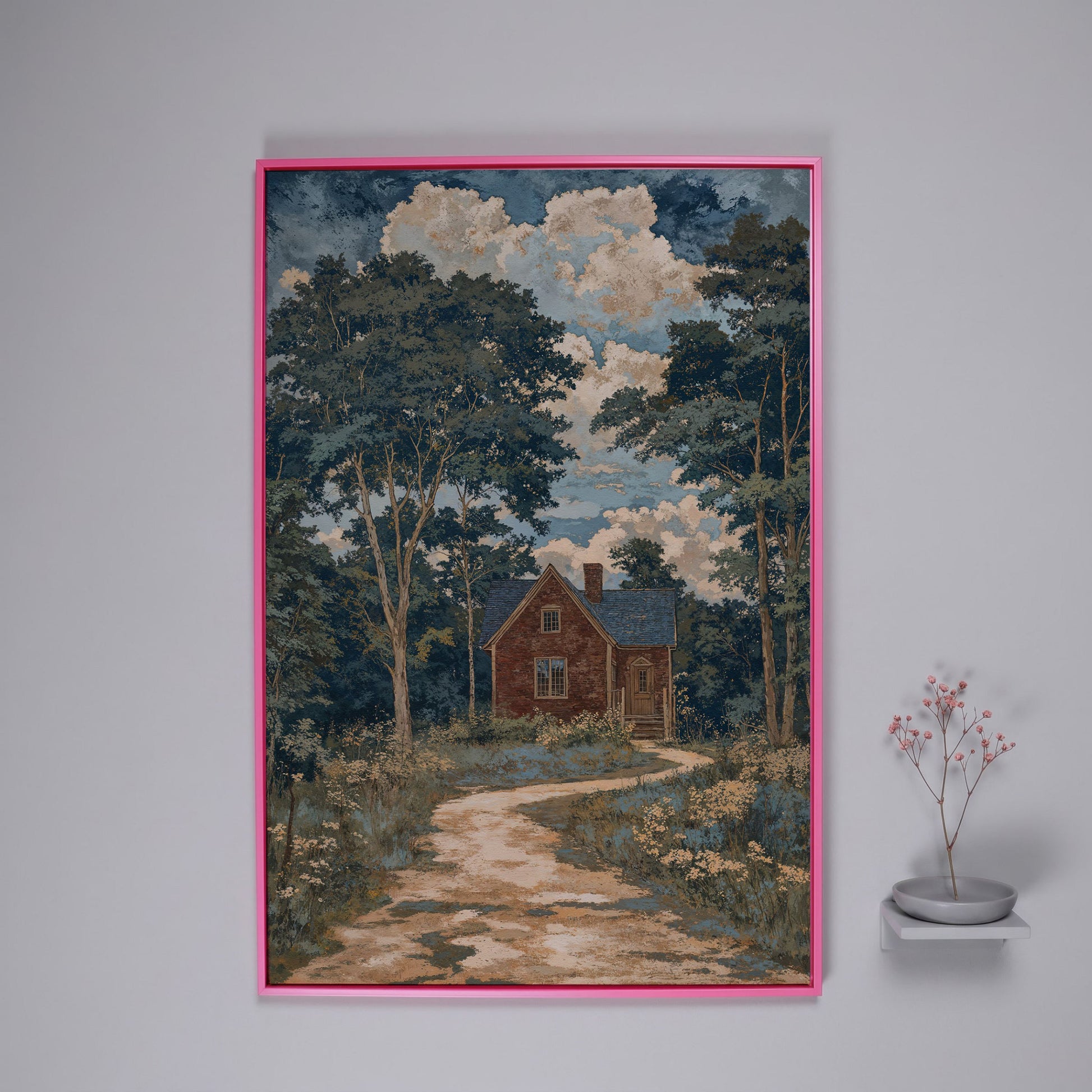 Red Brick Country House Canvas Print in pink floating frame