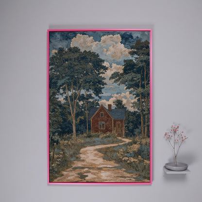 Red Brick Country House Canvas Print in pink floating frame