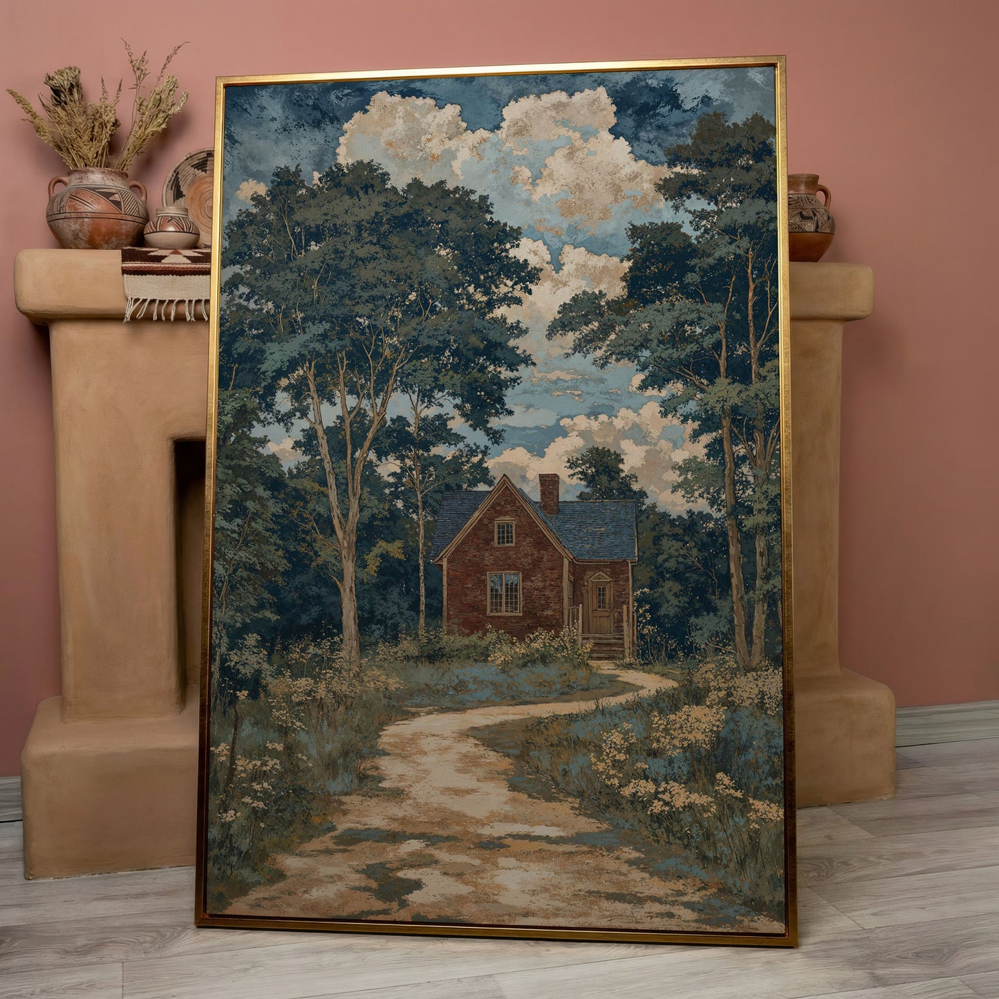 Red Brick Country House Canvas Print in rose gold floating frame