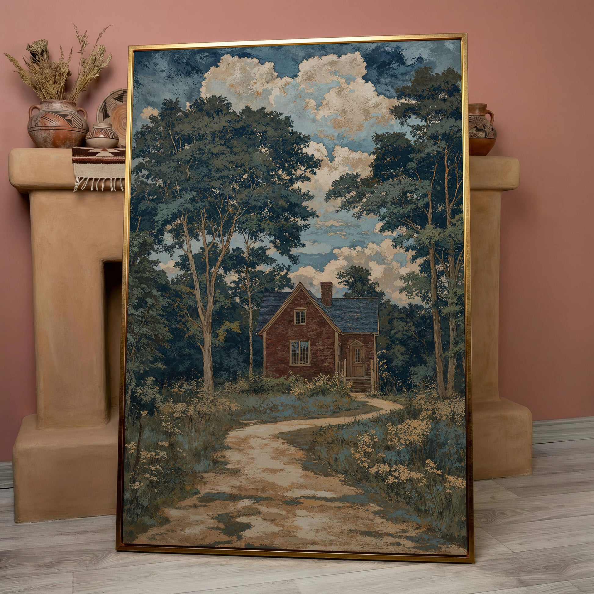 Red Brick Country House Canvas Print in rose gold floating frame