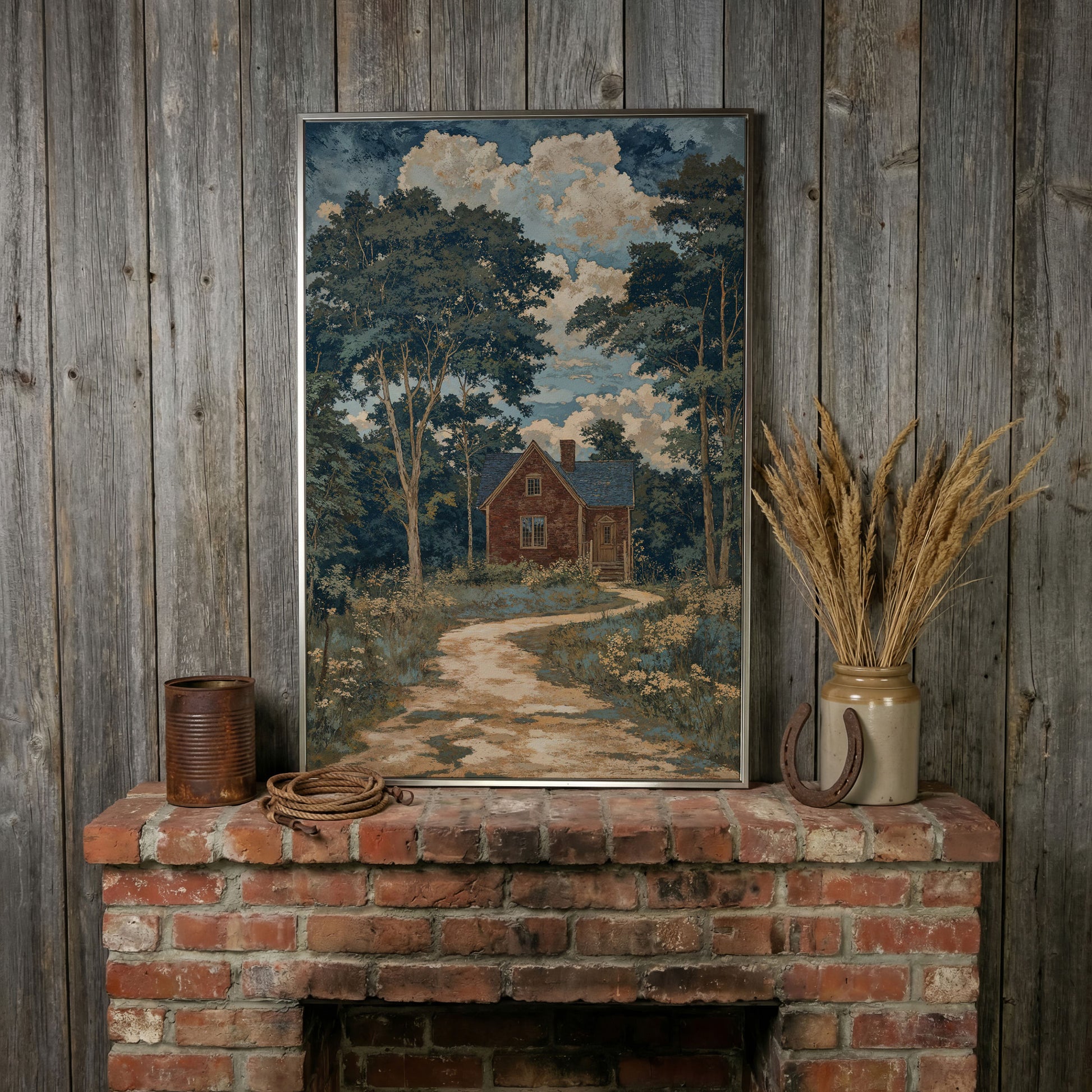 Red Brick Country House Canvas Print in silver floating frame