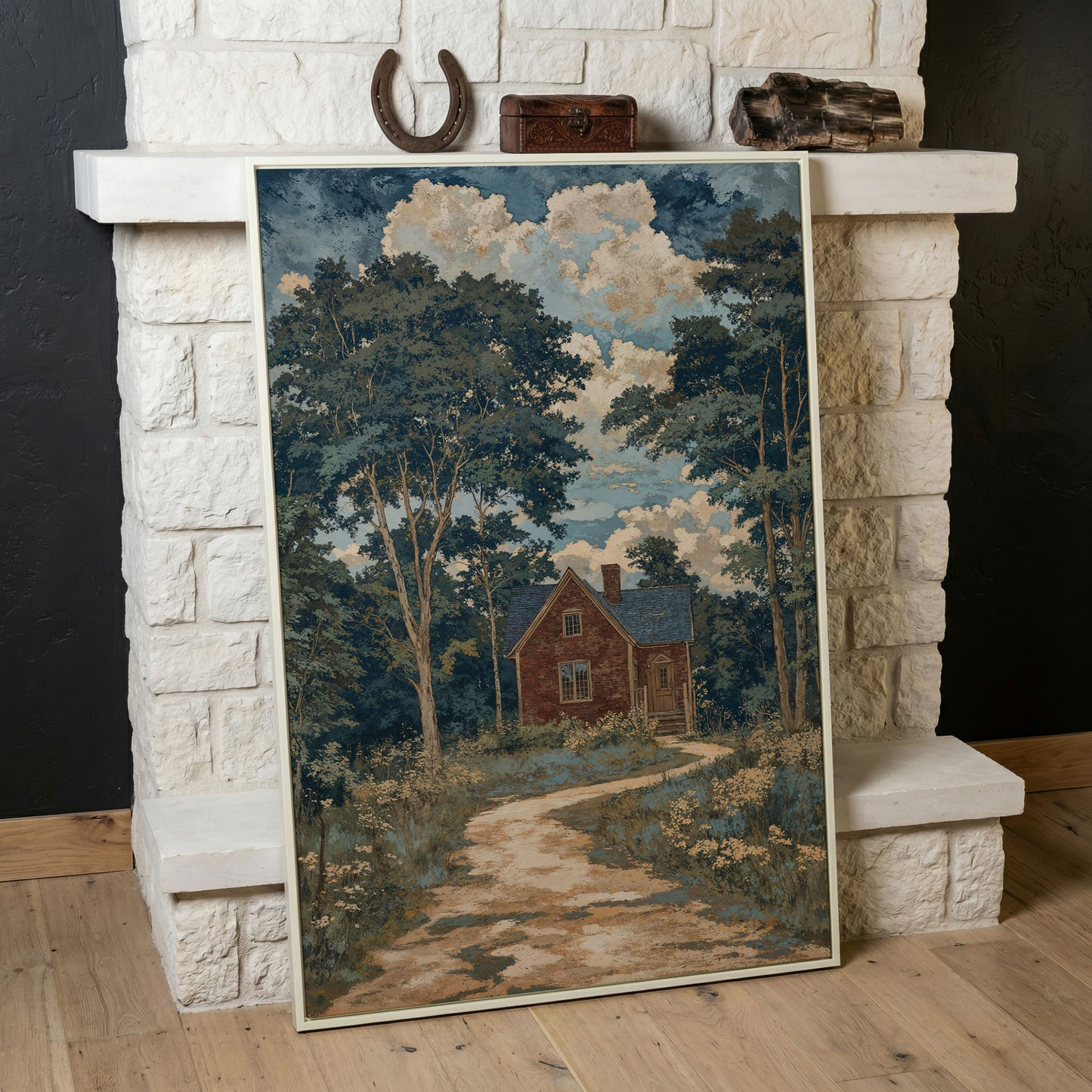 Red Brick Country House Canvas Print in white floating frame
