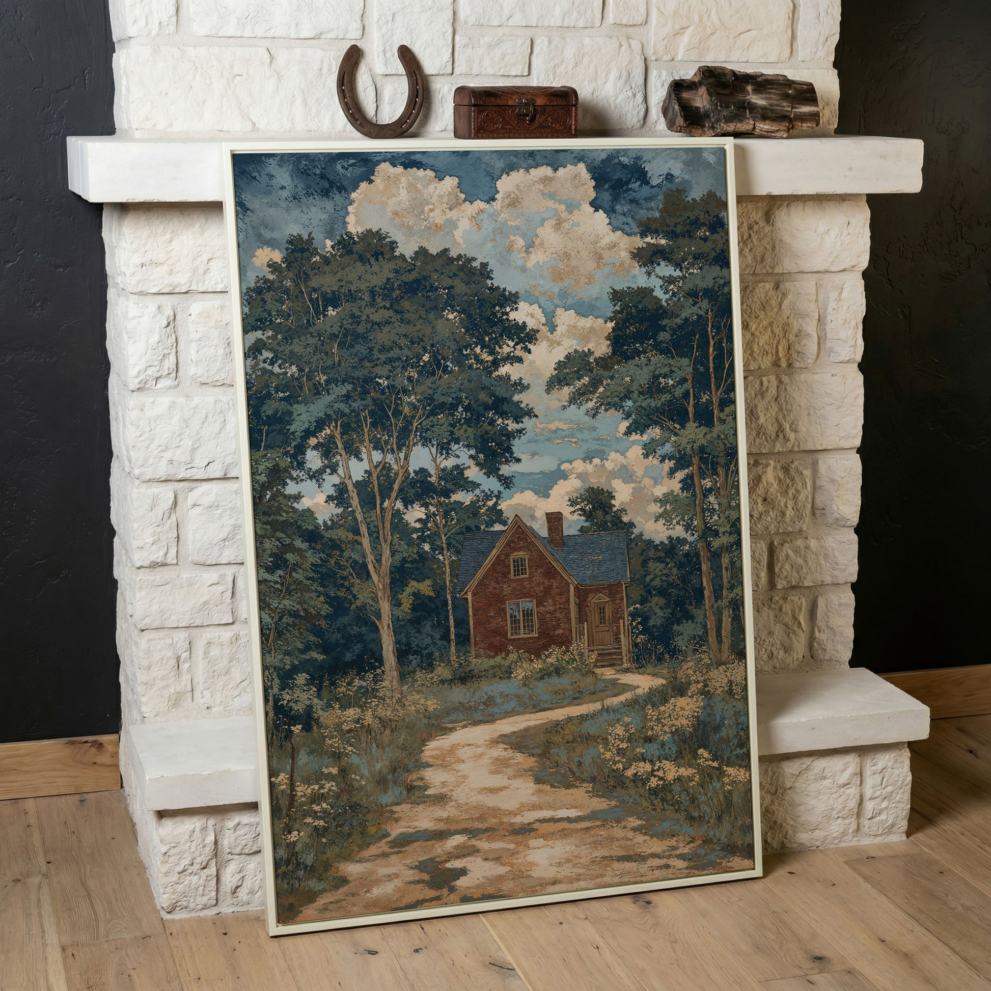 Red Brick Country House Canvas Print in white floating frame