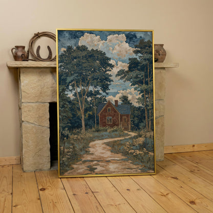 Red Brick Country House Canvas Print in yellow gold floating frame