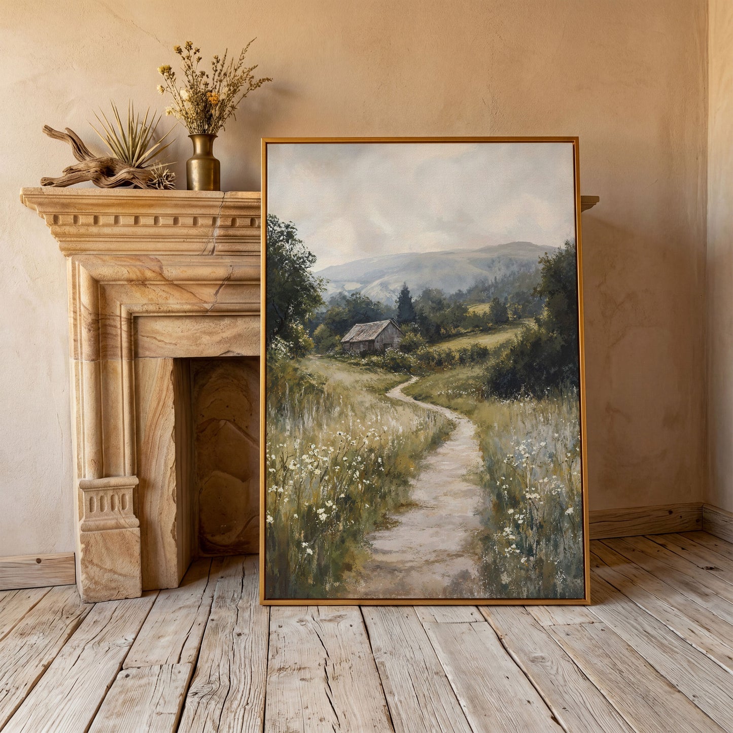 Pastoral Countryside Scene Canvas Print. Rustic Barn & Wildflower Path in antique gold floating frame