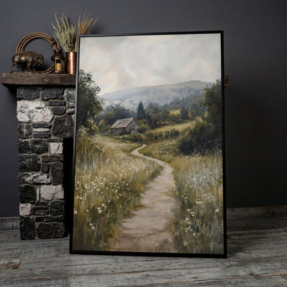 Pastoral Countryside Scene Canvas Print. Rustic Barn & Wildflower Path in black floating frame