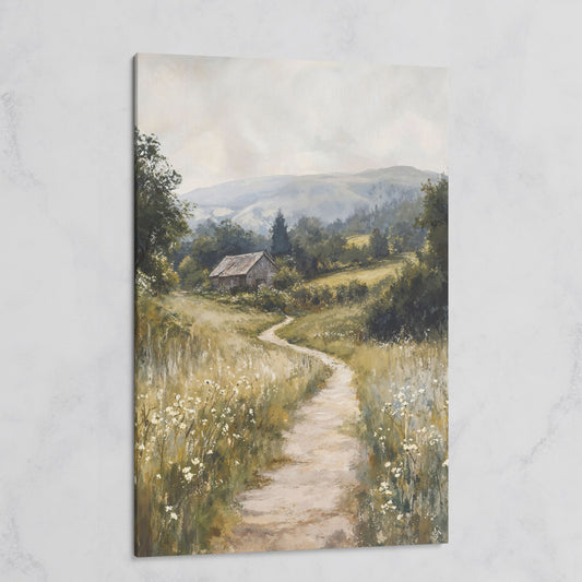 Pastoral Countryside Scene Canvas Print. Rustic Barn & Wildflower Path on gallery wrap