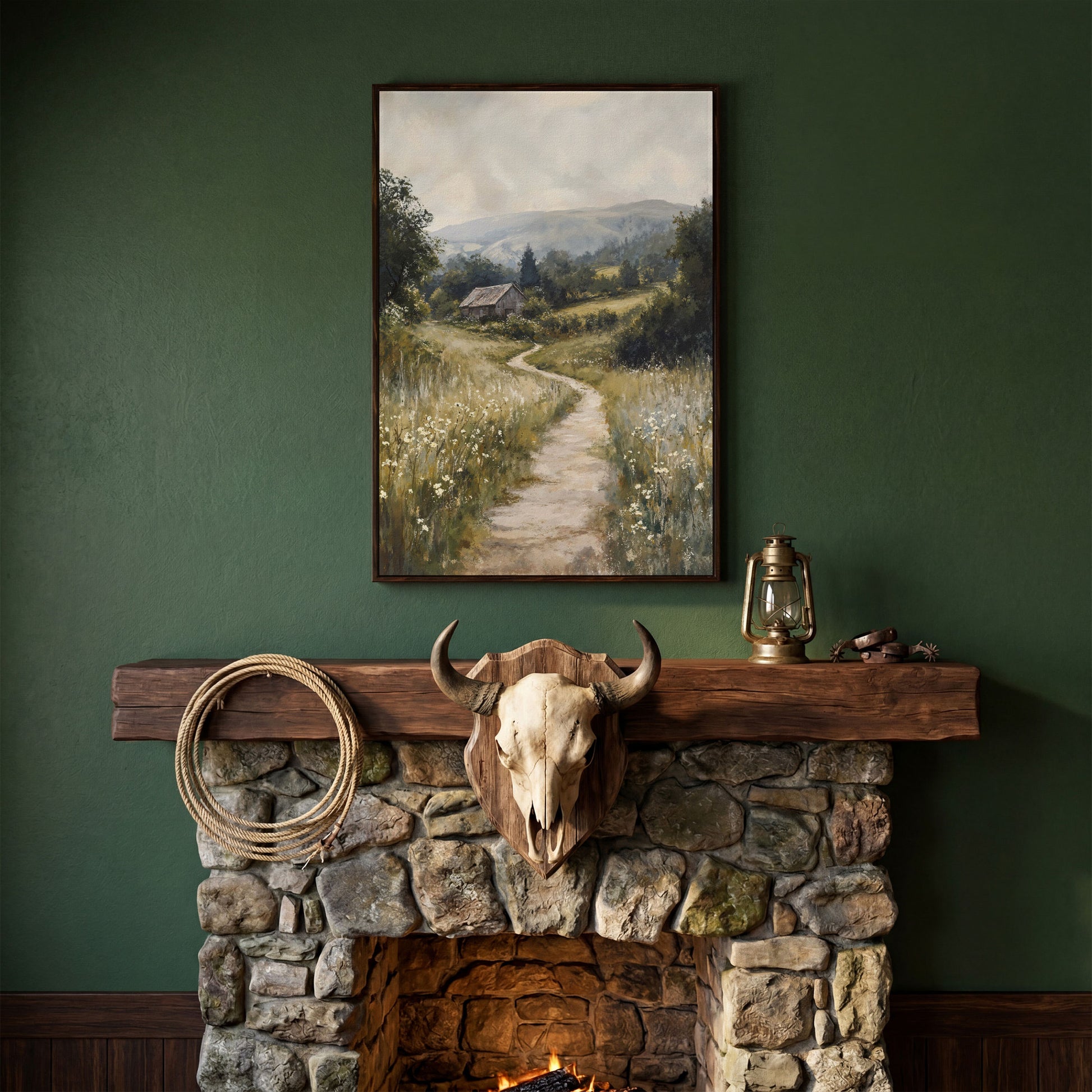 Pastoral Countryside Scene Canvas Print. Rustic Barn & Wildflower Path in dark walnut floating frame