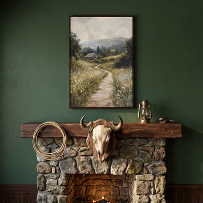 Pastoral Countryside Scene Canvas Print. Rustic Barn & Wildflower Path in dark walnut floating frame