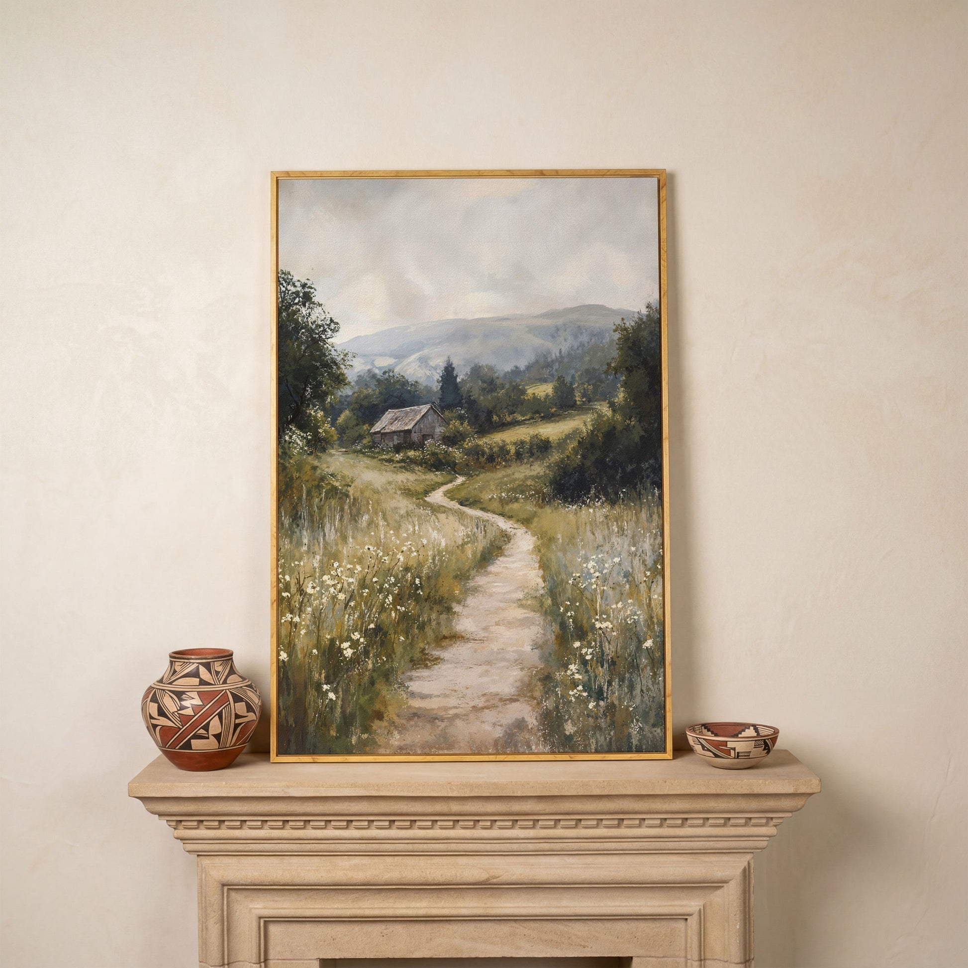 Pastoral Countryside Scene Canvas Print. Rustic Barn & Wildflower Path in white oak floating frame