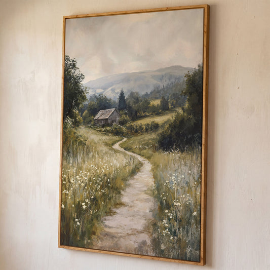 Pastoral Countryside Scene Canvas Print. Rustic Barn & Wildflower Path shown in white oak floating frame