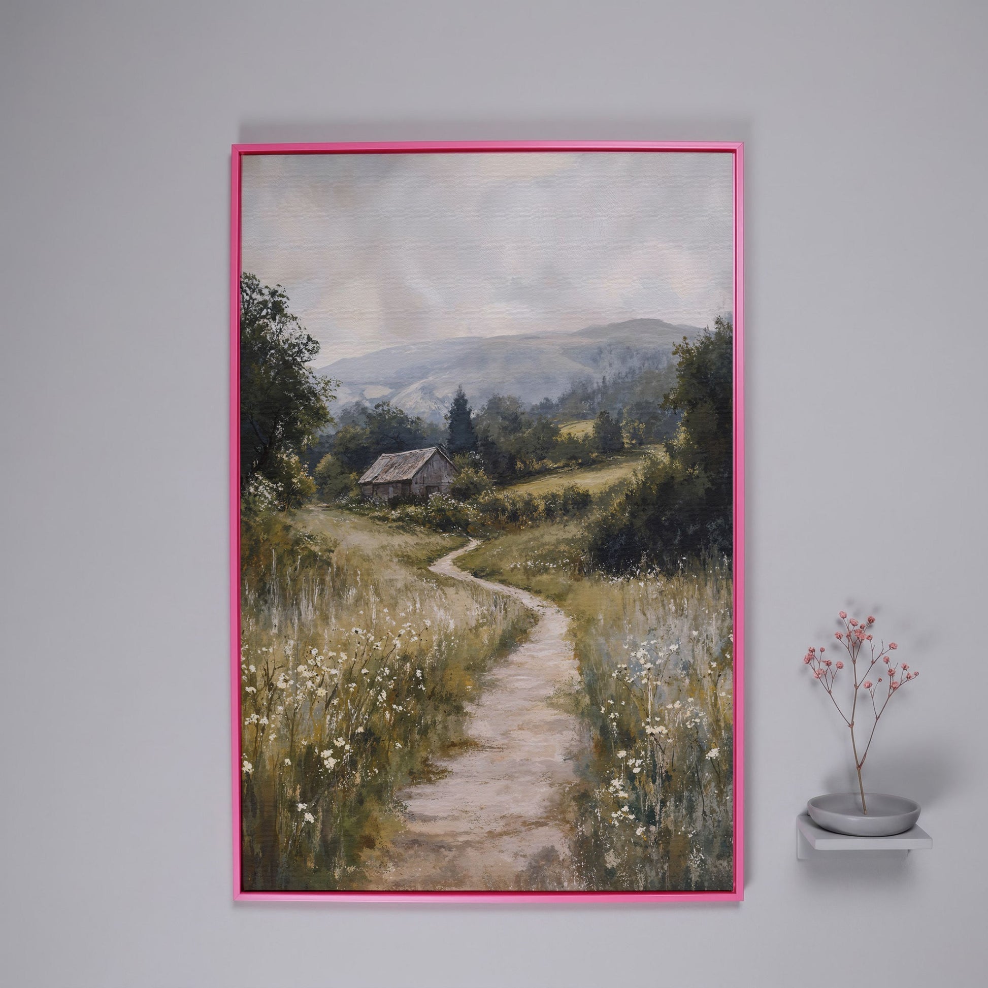 Pastoral Countryside Scene Canvas Print. Rustic Barn & Wildflower Path in pink floating frame