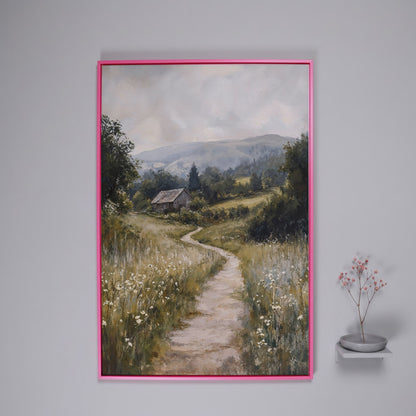 Pastoral Countryside Scene Canvas Print. Rustic Barn & Wildflower Path in pink floating frame