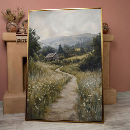 Pastoral Countryside Scene Canvas Print. Rustic Barn & Wildflower Path in rose gold floating frame