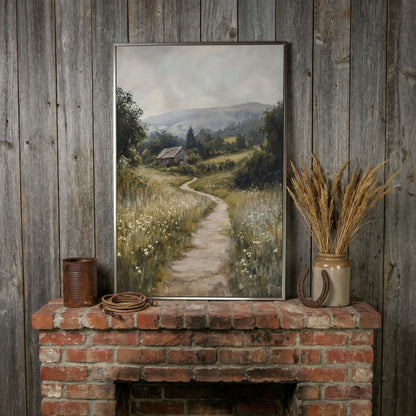 Pastoral Countryside Scene Canvas Print. Rustic Barn & Wildflower Path in silver floating frame