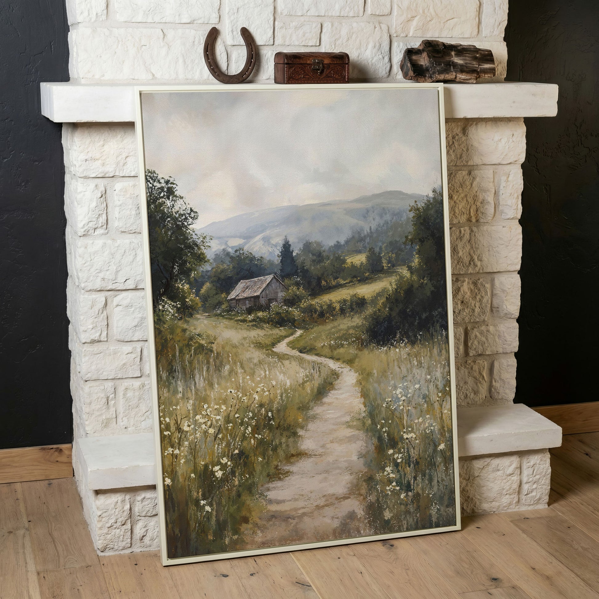 Pastoral Countryside Scene Canvas Print. Rustic Barn & Wildflower Path in white floating frame