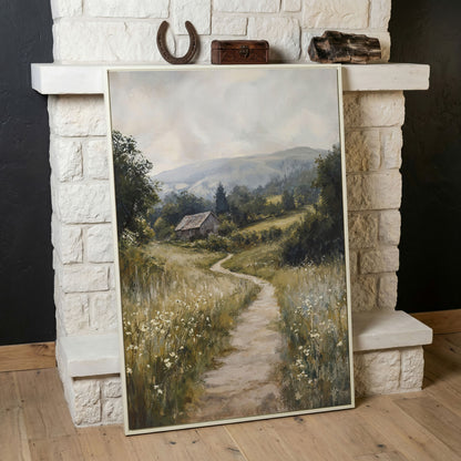 Pastoral Countryside Scene Canvas Print. Rustic Barn & Wildflower Path in white floating frame