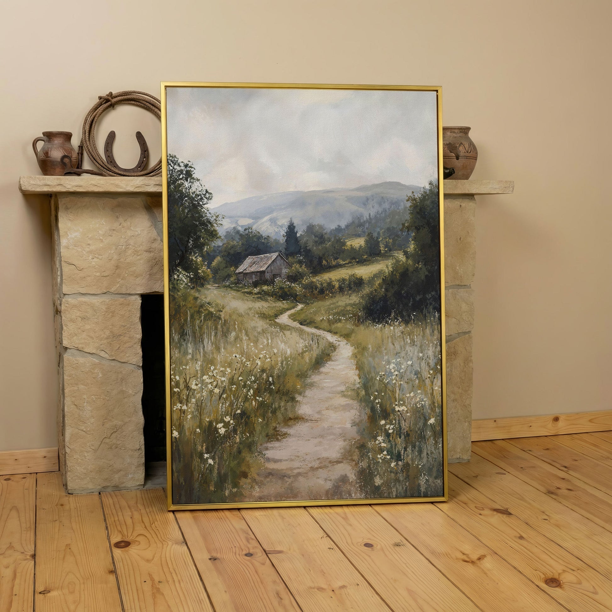 Pastoral Countryside Scene Canvas Print. Rustic Barn & Wildflower Path in yellow gold floating frame
