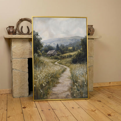 Pastoral Countryside Scene Canvas Print. Rustic Barn & Wildflower Path in yellow gold floating frame