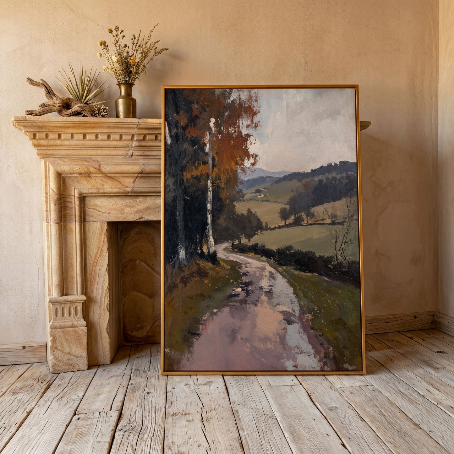 Winding Autumn Road Through Rolling Hills Canvas Wall Art in antique gold floating frame