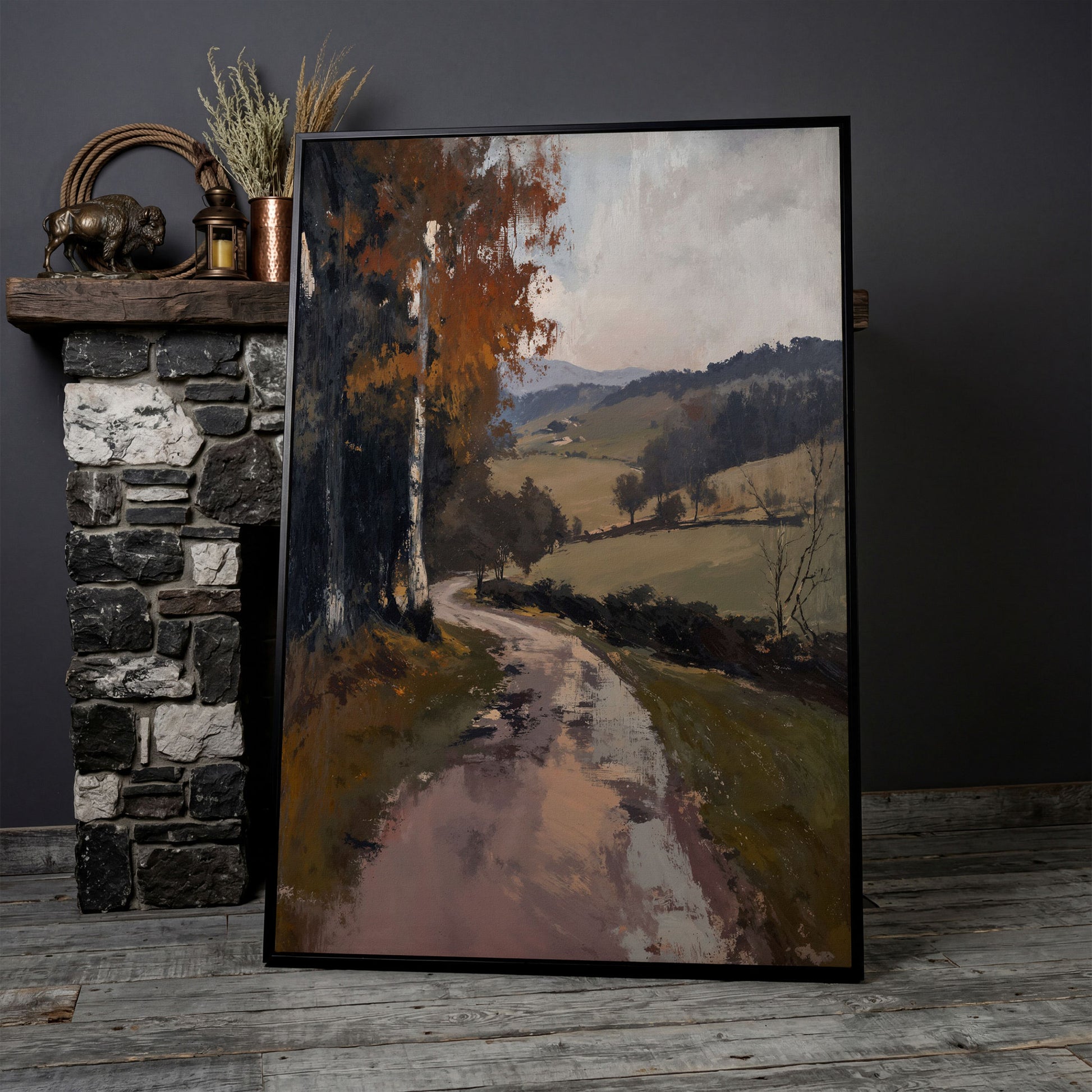 Winding Autumn Road Through Rolling Hills Canvas Wall Art in black floating frame