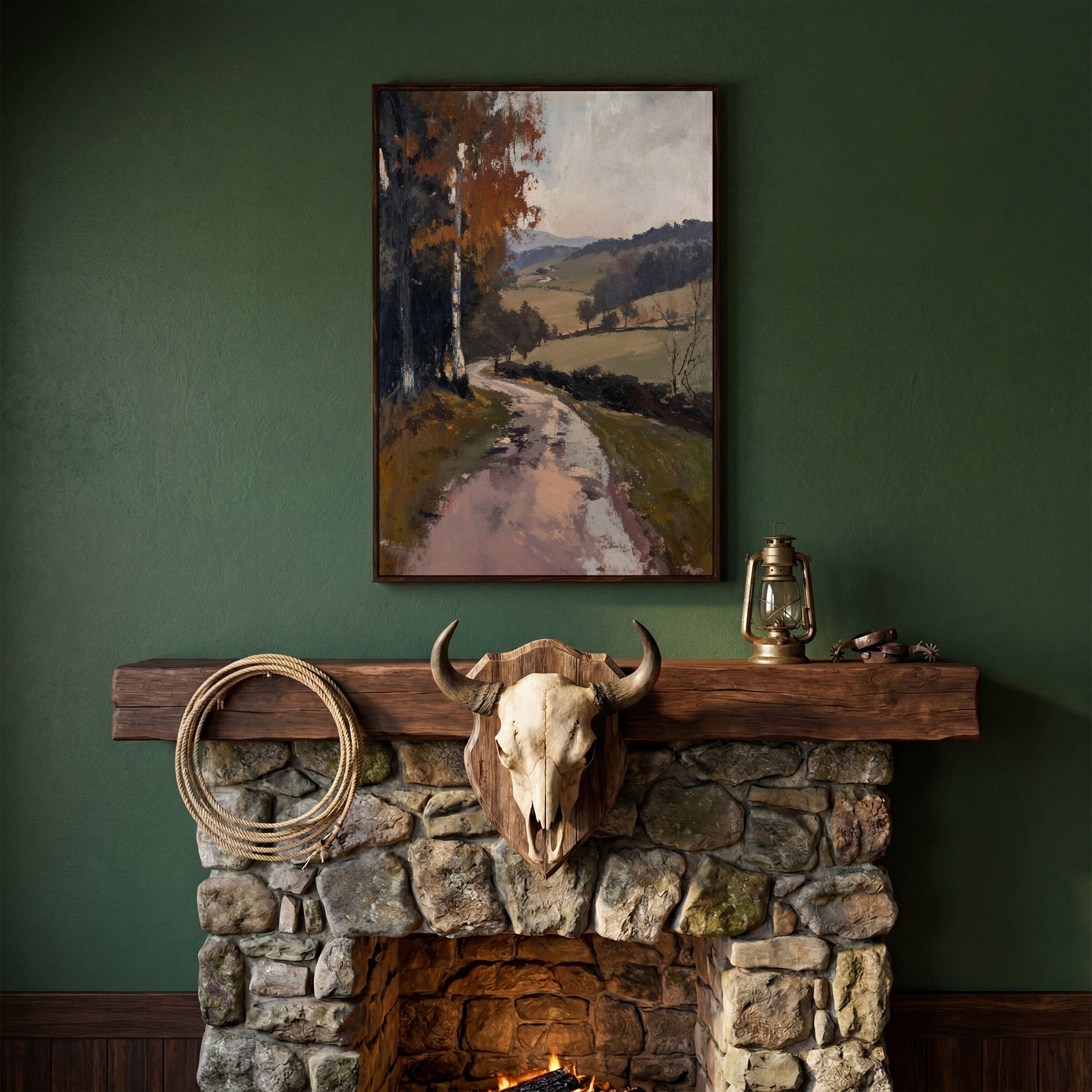 Winding Autumn Road Through Rolling Hills Canvas Wall Art in dark walnut floating frame