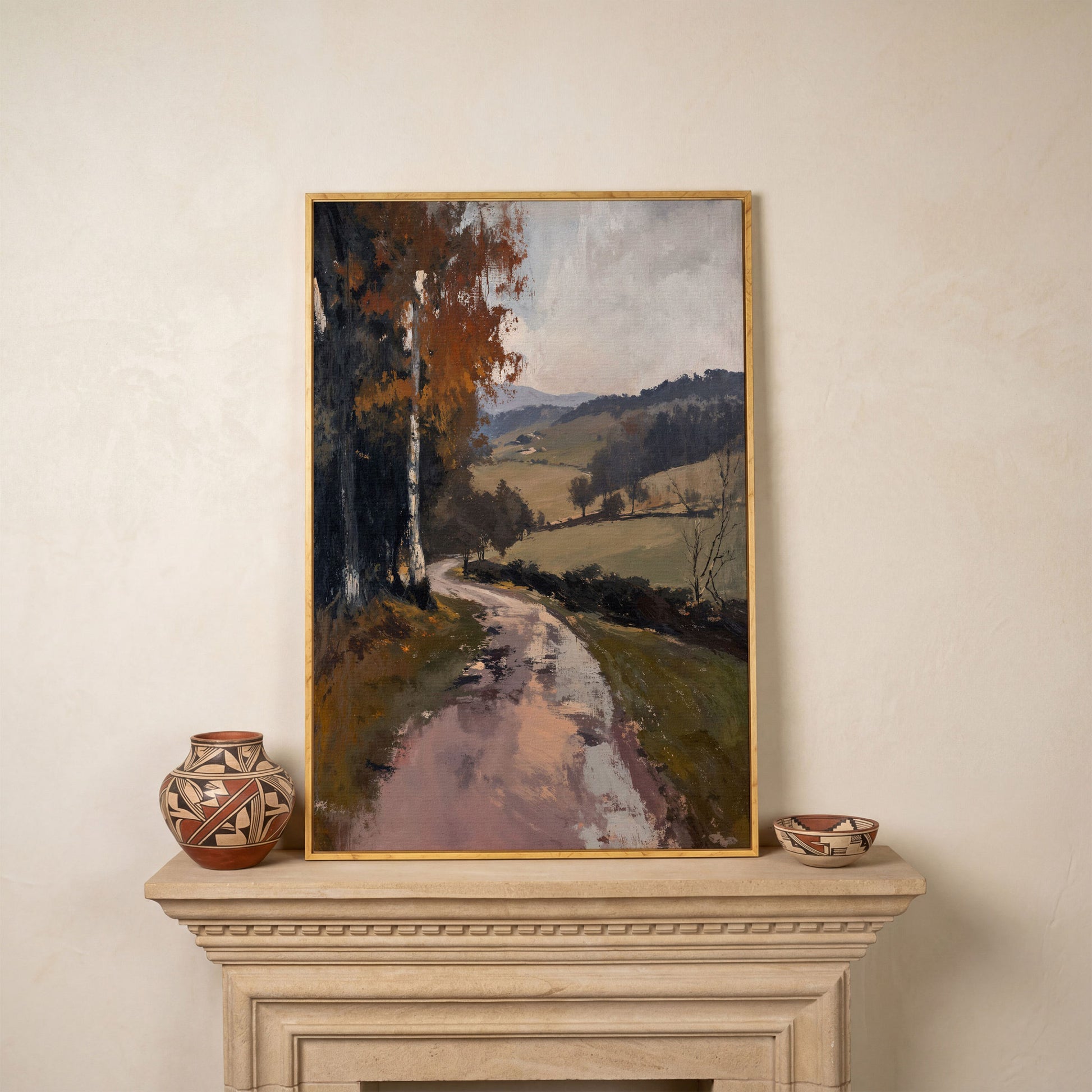 Winding Autumn Road Through Rolling Hills Canvas Wall Art in white oak floating frame