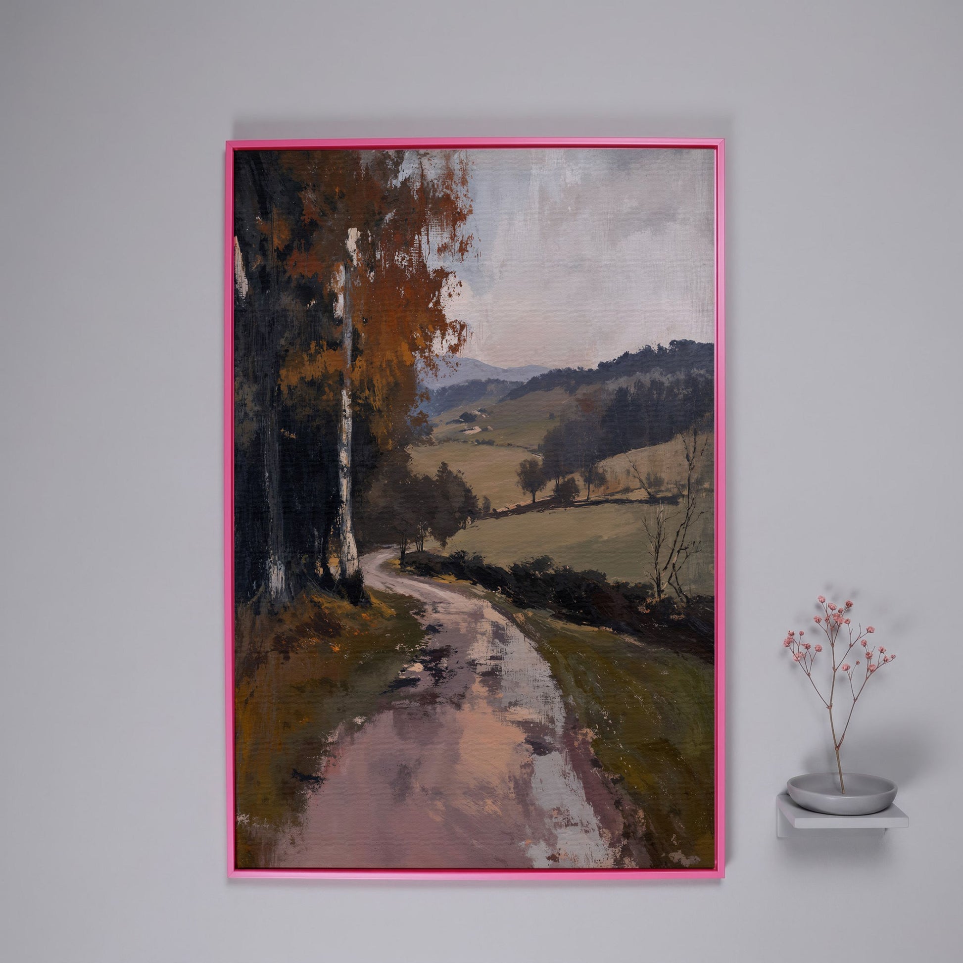 Winding Autumn Road Through Rolling Hills Canvas Wall Art in pink floating frame