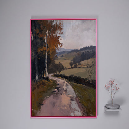 Winding Autumn Road Through Rolling Hills Canvas Wall Art in pink floating frame