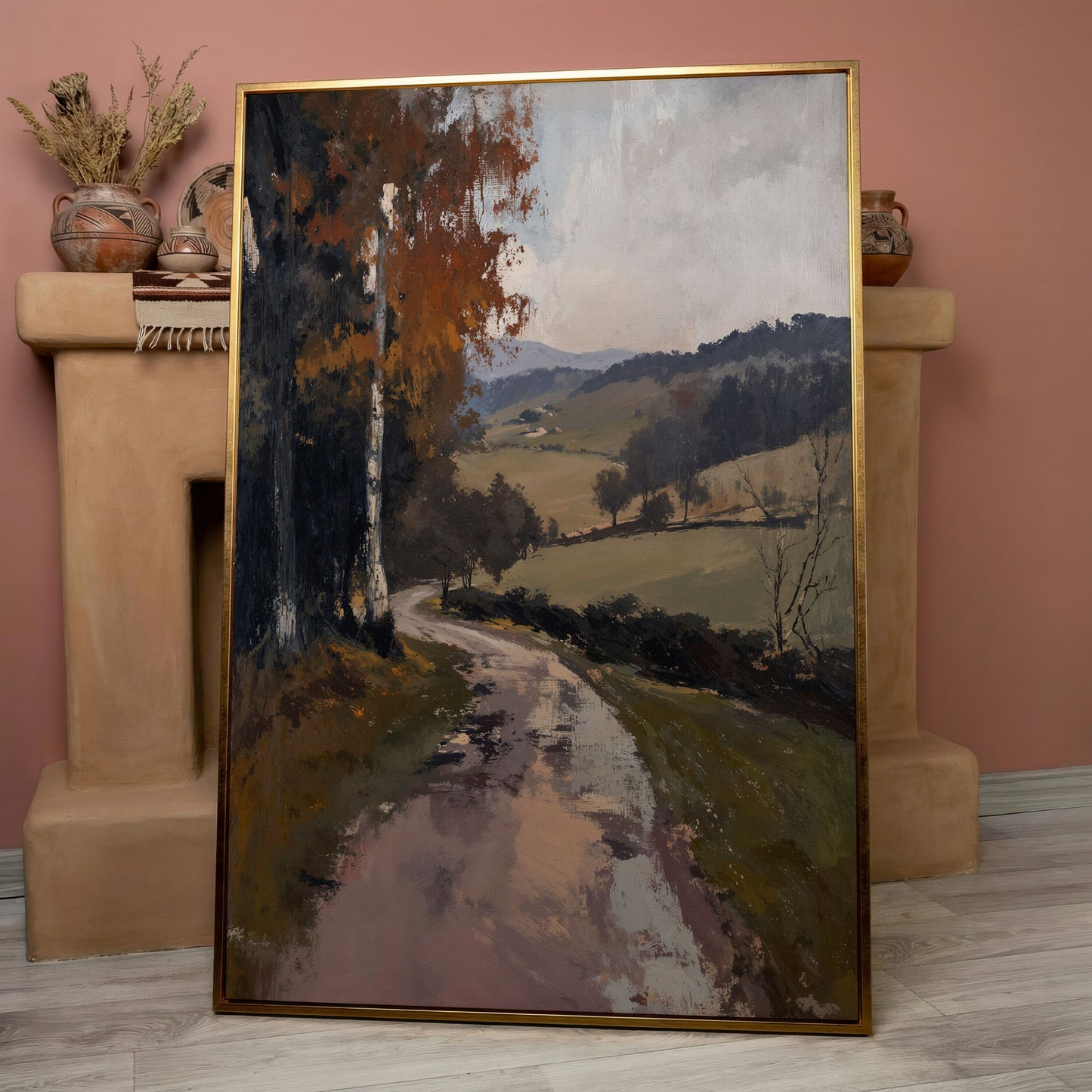 Winding Autumn Road Through Rolling Hills Canvas Wall Art in rose gold floating frame