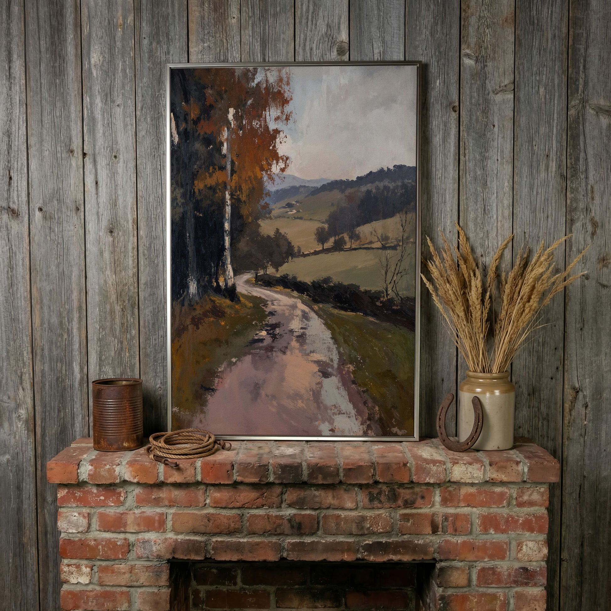 Winding Autumn Road Through Rolling Hills Canvas Wall Art in silver floating frame