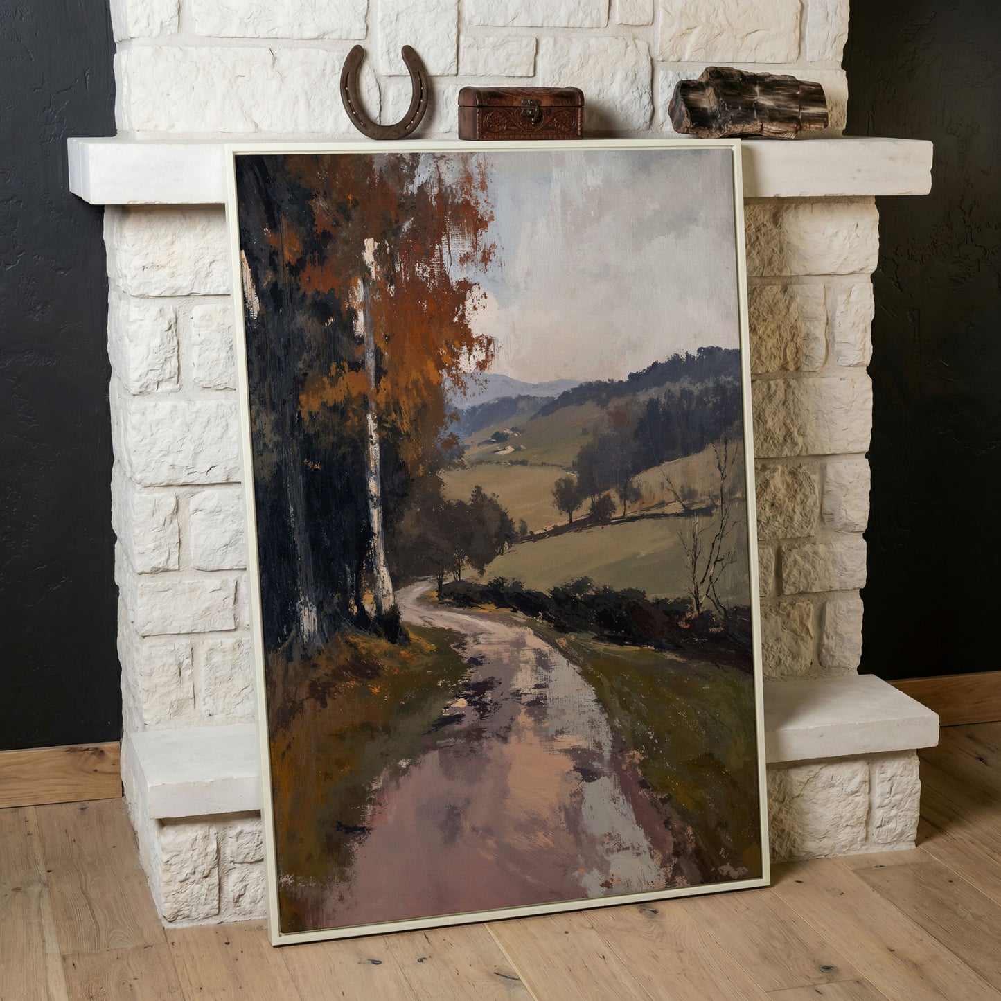 Winding Autumn Road Through Rolling Hills Canvas Wall Art in white floating frame