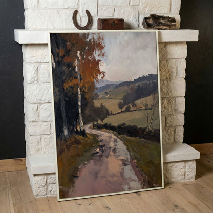 Winding Autumn Road Through Rolling Hills Canvas Wall Art in white floating frame