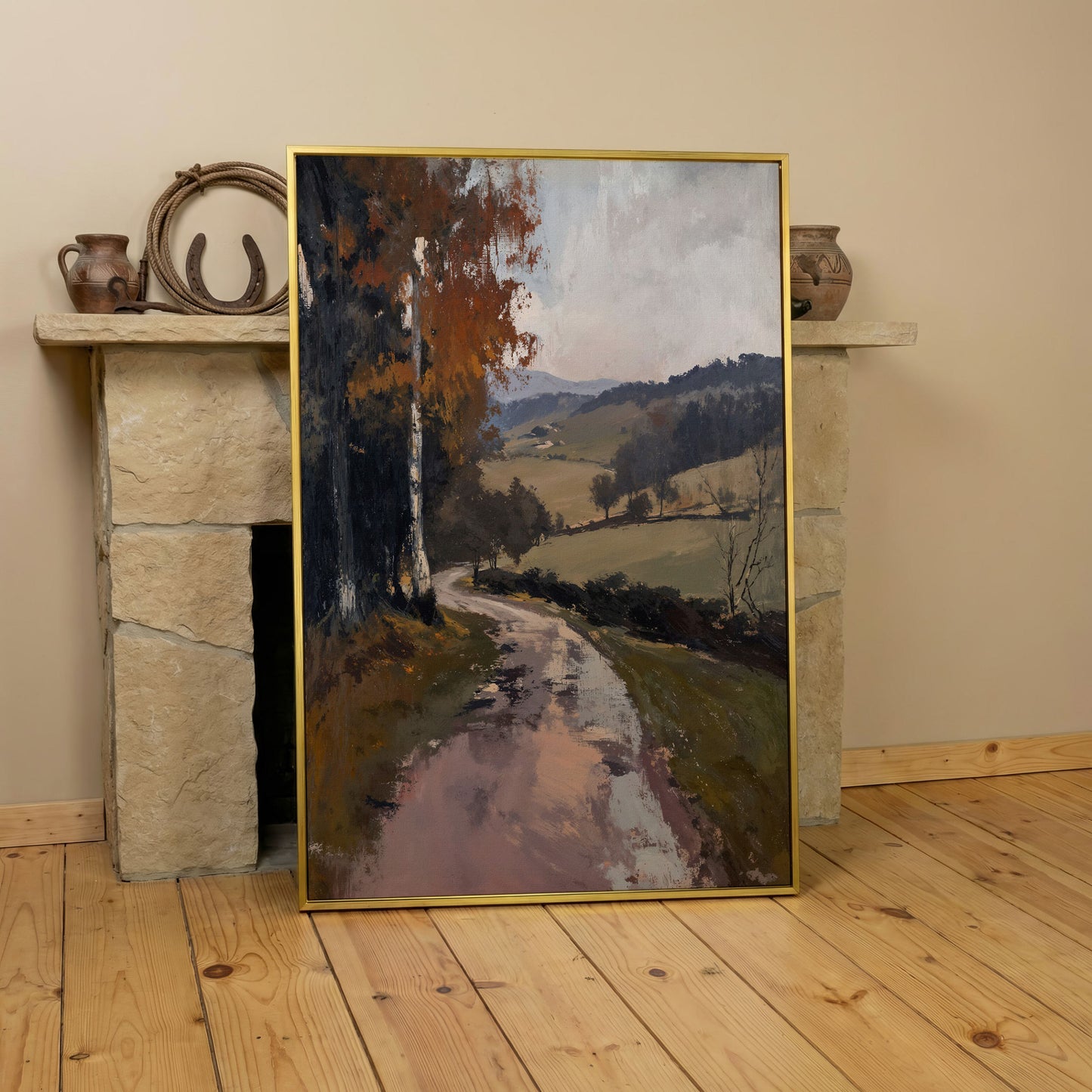 Winding Autumn Road Through Rolling Hills Canvas Wall Art in yellow gold floating frame