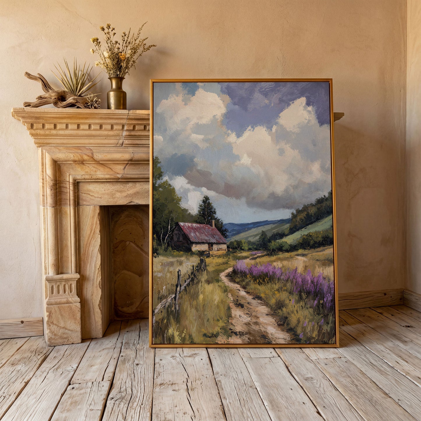 Peaceful Countryside Landscape with Purple Wildflowers canvas in antique gold floating frame