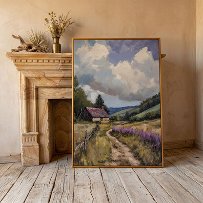 Peaceful Countryside Landscape with Purple Wildflowers canvas in antique gold floating frame