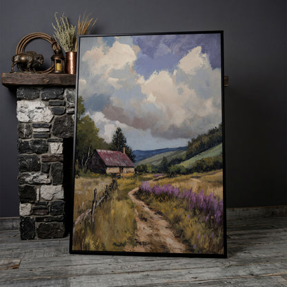Peaceful Countryside Landscape with Purple Wildflowers canvas in black floating frame