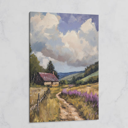 Peaceful Countryside Landscape with Purple Wildflowers on gallery wrap canvas