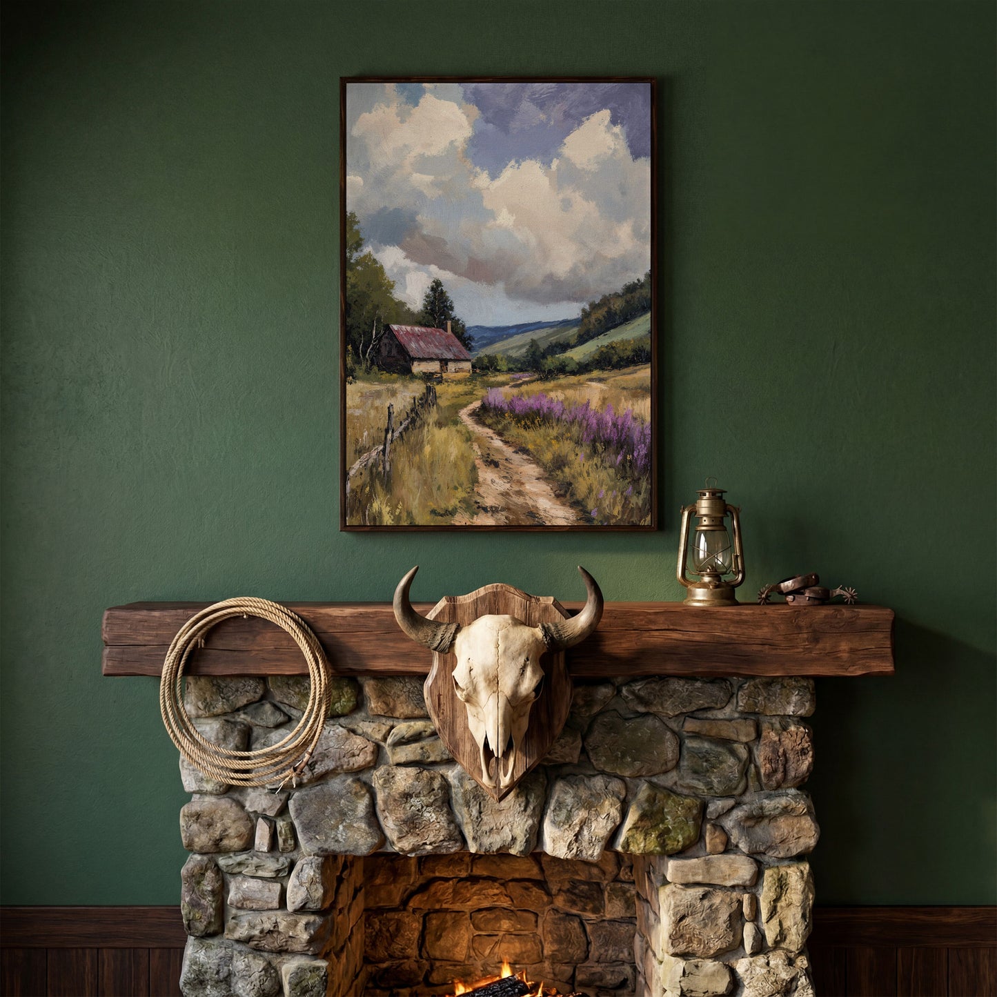 Peaceful Countryside Landscape with Purple Wildflowers canvas in dark walnut floating frame