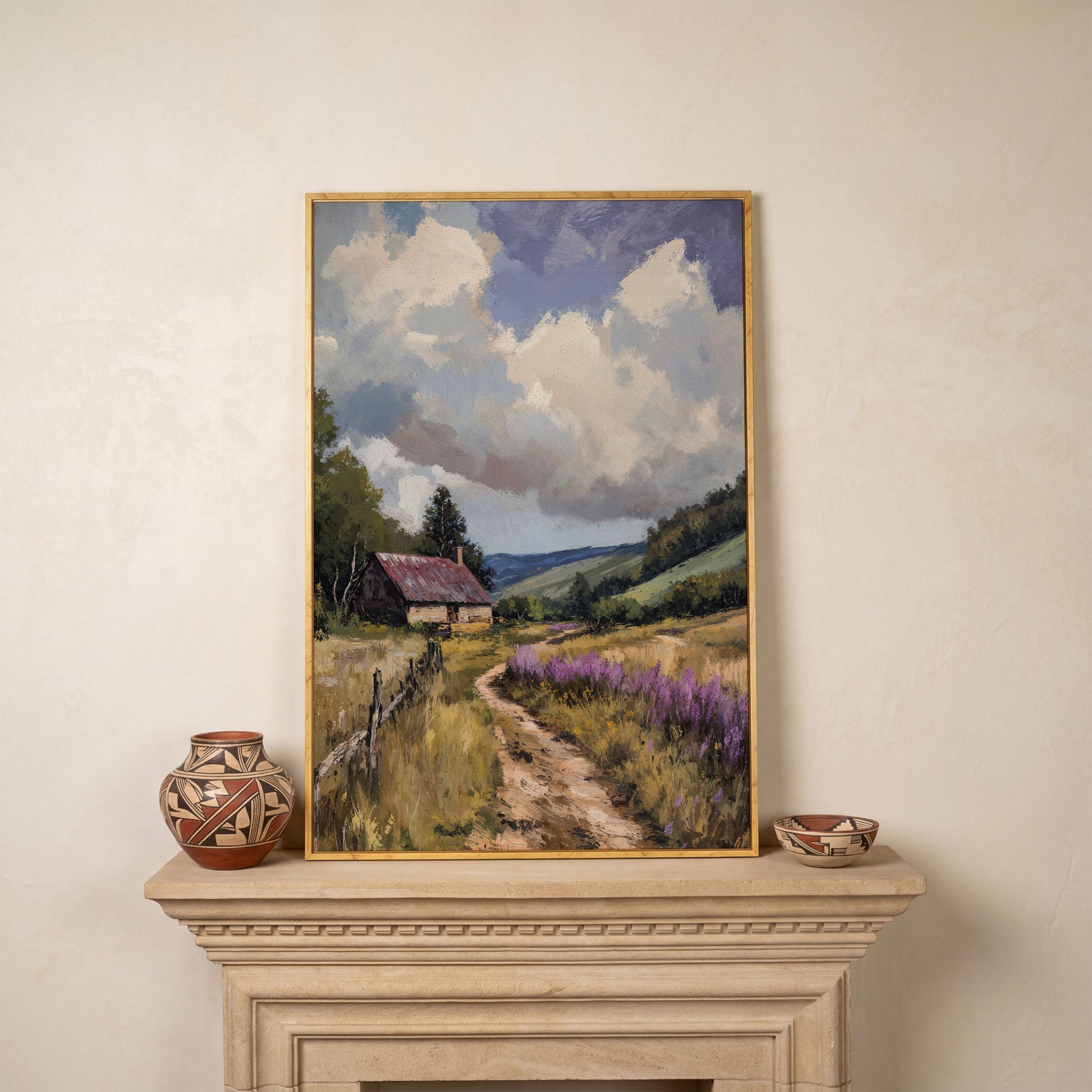 Peaceful Countryside Landscape with Purple Wildflowers canvas in white oak floating frame