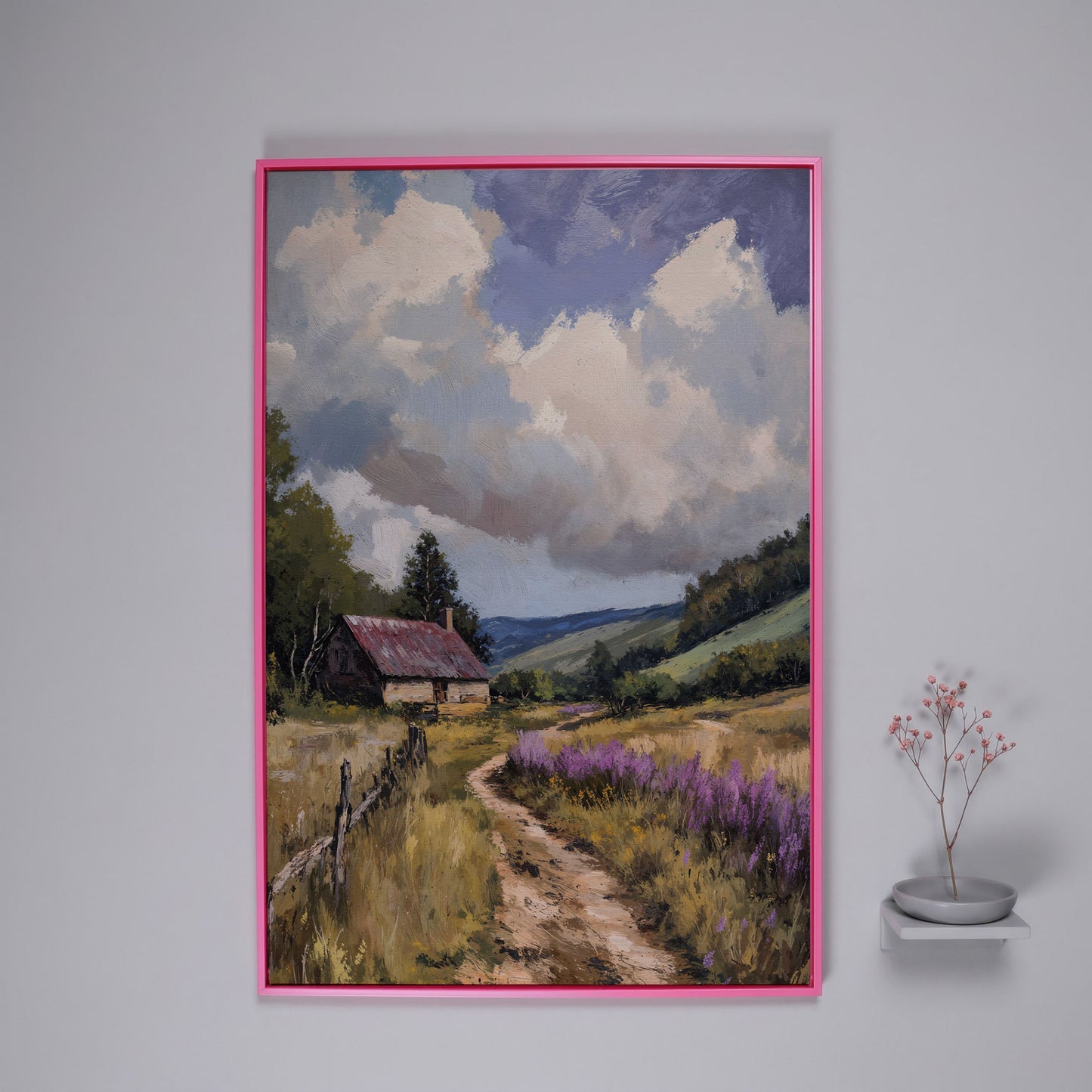 Peaceful Countryside Landscape with Purple Wildflowers canvas in pink floating frame
