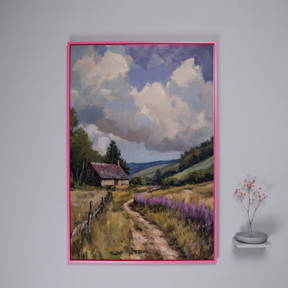 Peaceful Countryside Landscape with Purple Wildflowers canvas in pink floating frame