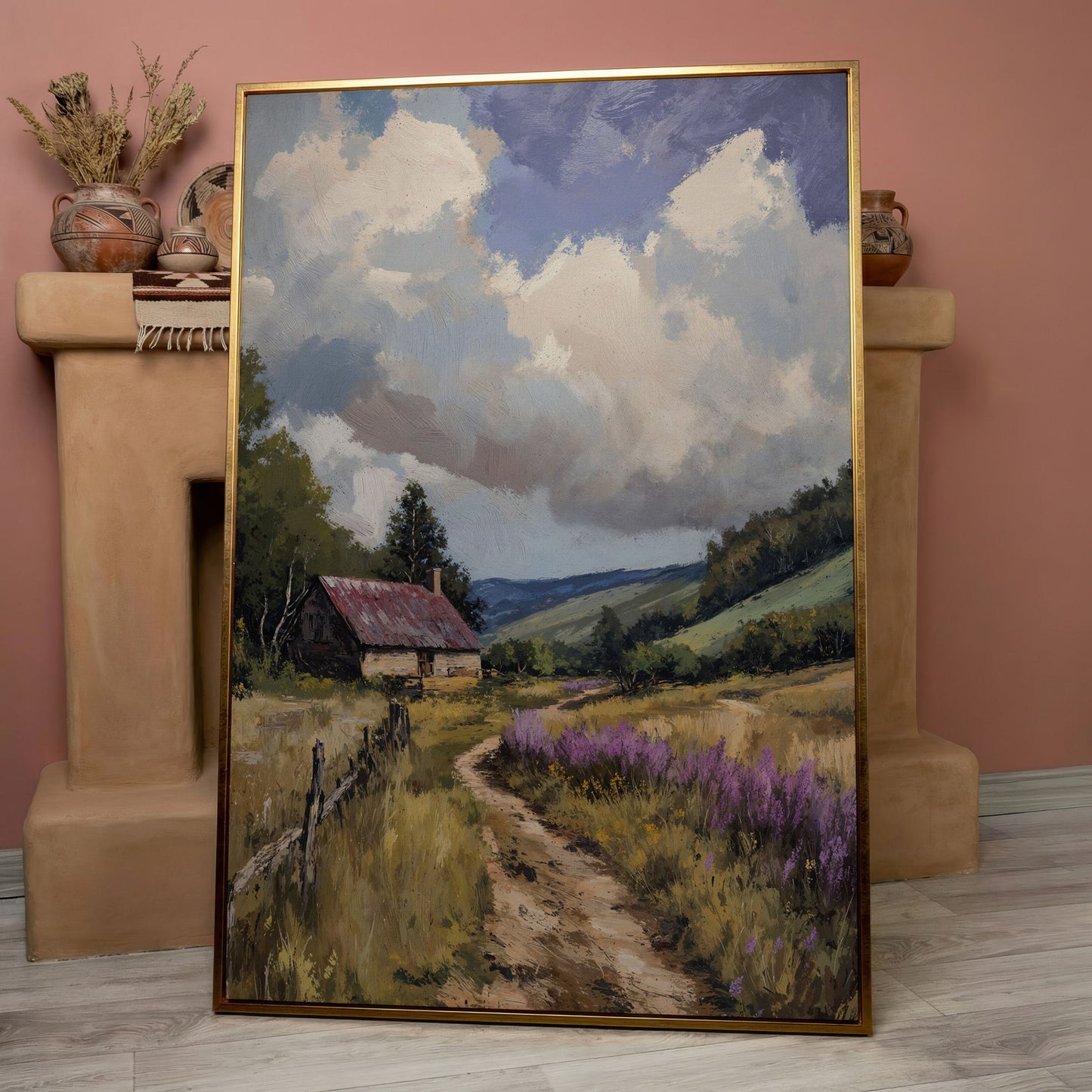 Peaceful Countryside Landscape with Purple Wildflowers canvas in rose gold floating frame
